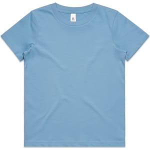 A light blue youth t-shirt with a round neck and short sleeves, featuring a label but no visible logo.