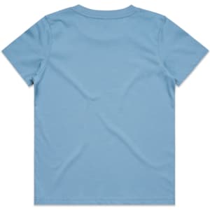 A light blue youth t-shirt with a plain back and a branding logo.