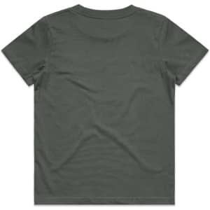 A green youth t-shirt with a classic short-sleeve design and a plain back. It features a logo on the label.