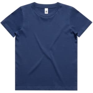 A navy blue youth t-shirt with a round neckline and short sleeves. It features a tag and has no visible logos.