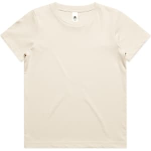 A cream-coloured youth t-shirt with a round neckline and short sleeves, featuring a logo.