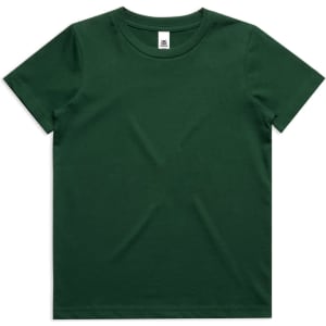 A green youth staple tee with a round neckline and short sleeves. It features a logo on the label.