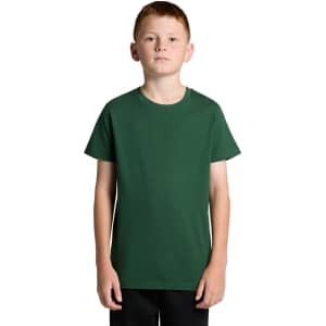 A green youth t-shirt displayed on a child. The shirt has a simple design and features a logo.