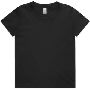 A black youth staple tee with a crew neck and short sleeves, featuring a label at the neckline.