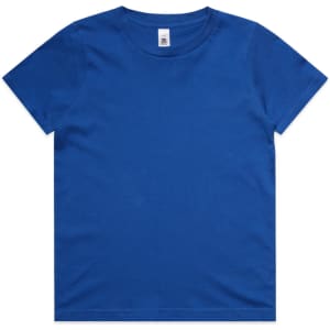 A blue children's t-shirt with a round neckline and short sleeves, featuring a branding label inside.