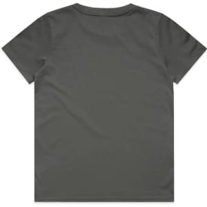 A grey kids' T-shirt with a simple design, featuring a logo on the back.