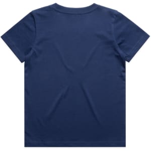 A plain navy blue youth T-shirt with a simple design and no visible branding.