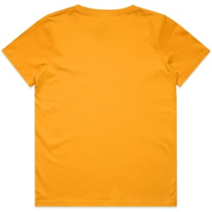 A yellow kids' T-shirt featuring short sleeves and a plain back. It has a logo on one side.