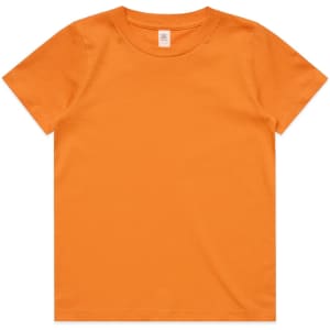 An orange Youth Staple Tee featuring a classic crew neck and short sleeves, accompanied by a logo.