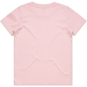 A plain pink kids' T-shirt with short sleeves and a simple design, featuring a logo on the back.