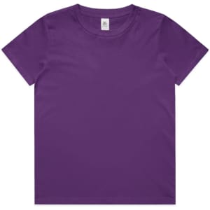 A purple youth t-shirt with a round neck and short sleeves, featuring a logo on the label.