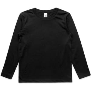 A black long-sleeve t-shirt for kids with a round neckline and a label inside. The shirt has a minimalist design.