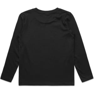 A black long-sleeve t-shirt for kids, featuring a plain design and a logo on the back.