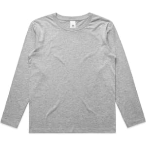 A grey long-sleeve T-shirt with a crew neckline and a label inside. It features branding.