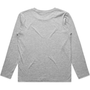 A grey long-sleeve t-shirt with a simple design, featuring a logo on the back.