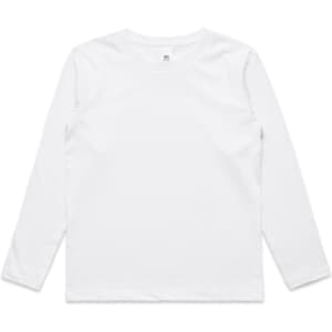 A white long-sleeve t-shirt for kids, featuring a simple design and a logo on the label.