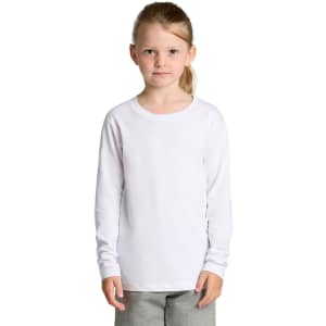 A white long-sleeve t-shirt for kids, featuring a round neckline and a simple design.
