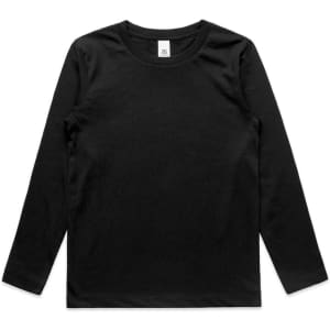 A black long-sleeve T-shirt with a round neckline and a label inside. It features a logo on the front.
