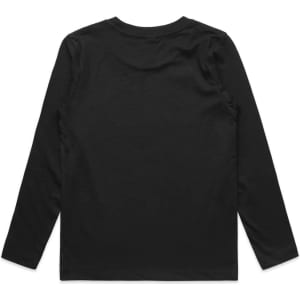 A long-sleeve black t-shirt with a simple design and a branded logo on the back.