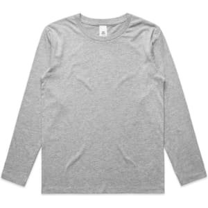 A light grey long-sleeve t-shirt featuring a round neckline and a logo.