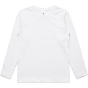 A plain white long-sleeve t-shirt with a crew neck and a logo tag inside the collar.