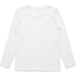 A white long-sleeve T-shirt with a simple design and a label on the back.