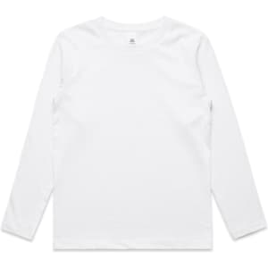 A plain white long-sleeve t-shirt with a simple design and a logo.