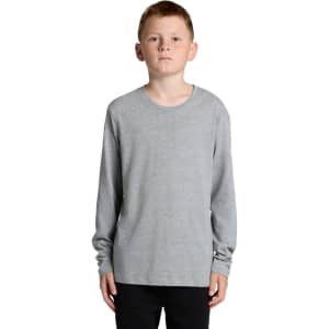 A grey long-sleeve T-shirt for youth, featuring a crew neck and a logo on the side.