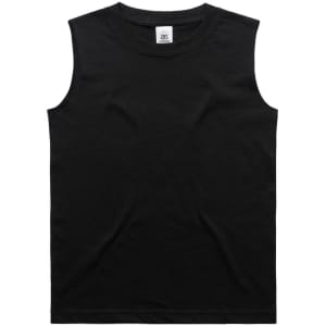 A black singlet top featuring a classic sleeveless design and a branded label.