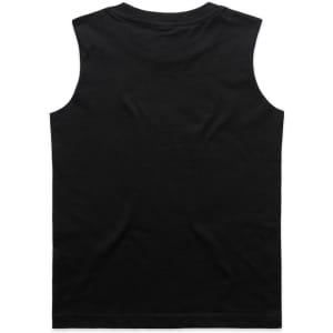 A black sleeveless tank top featuring a simple design and a logo.