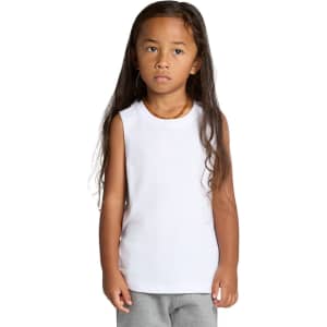 A white sleeveless tank top for kids, with a round neckline and a logo on the side.