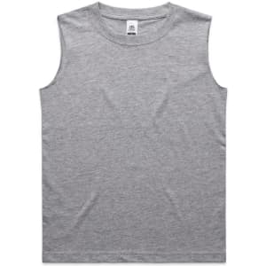 A grey sleeveless tank top displayed flat. The garment features a label and has a simple, classic design.