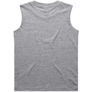 A grey sleeveless tank top with a back view, featuring a simple design and a brand logo.
