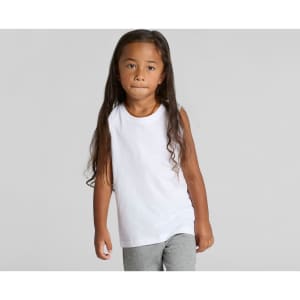 A white kids' tank top is worn by a child with long hair, paired with grey pants. The top features a logo.