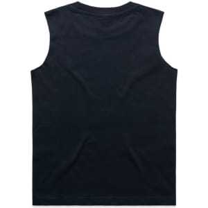 A black youth tank top with a sleeveless design and a plain back, featuring a small logo.