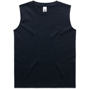 A black sleeveless tank top with a round neckline, featuring a small logo.