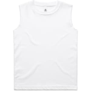 A white sleeveless tank top featuring a logo, designed for kids in a classic style.