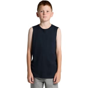 A youth tank top in navy blue, featuring no sleeves and a simple design. It includes a logo on the front.