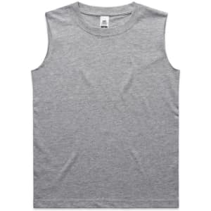 A sleeveless grey tank top featuring a logo on the label.