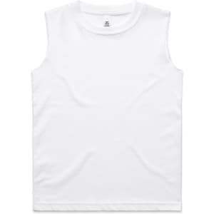 A white sleeveless tank top, featuring a simple design and branding on the label.