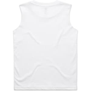 A white sleeveless tank top with a plain back, featuring a logo.