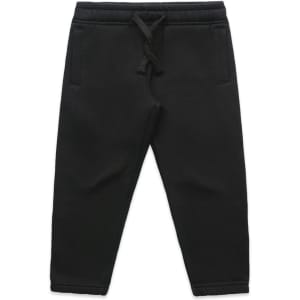 Black kids' track pants featuring a waistband with a drawstring and side pockets.