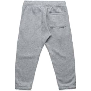 A pair of grey kids' track pants with an elastic waistband and a back pocket. Features a logo.