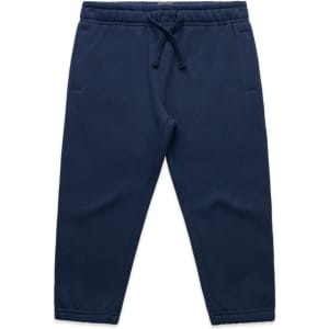 Navy track pants featuring an elastic waistband and drawstring, designed for kids with two side pockets.