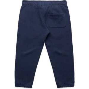 Navy track pants with a tapered leg and a single back pocket, featuring an elastic waistband.
