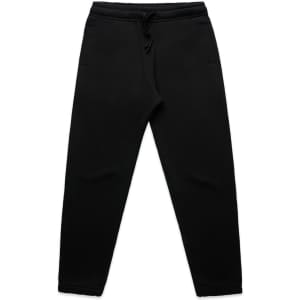 Black track pants featuring a drawstring waistband and side pockets, designed for youth.