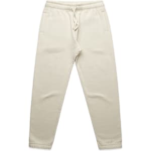 Cream-coloured track pants with an elastic waistband and side pockets, featuring a logo.
