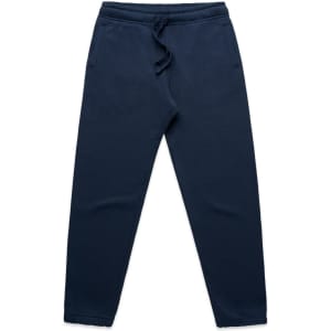 Navy track pants featuring an elastic waistband and drawstring. Includes a logo on the waistband.
