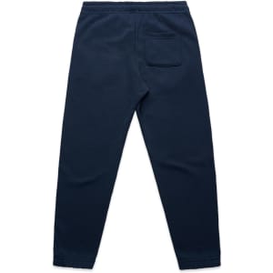 Navy track pants with a fitted design and a back pocket; features a logo.