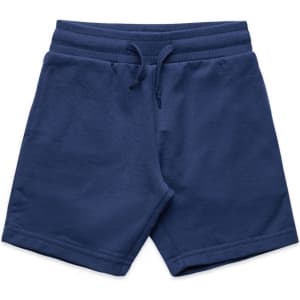 Navy blue kids' sports shorts with an elastic waistband and drawstring, featuring a logo.